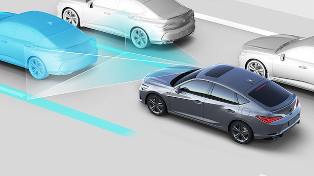 Illustration of rear and side angle of Integra depicting CMBS functions/Vue arrière et latérale de l’Integra montrant les fonctions CMBS.