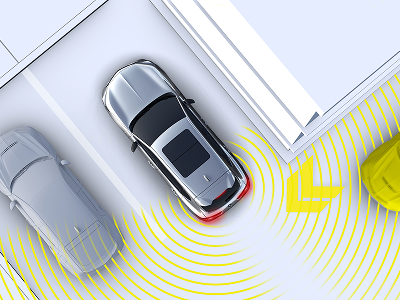 Overhead image of vehicle turning a corner with animated yellow chevrons indicating a vehicle ahead