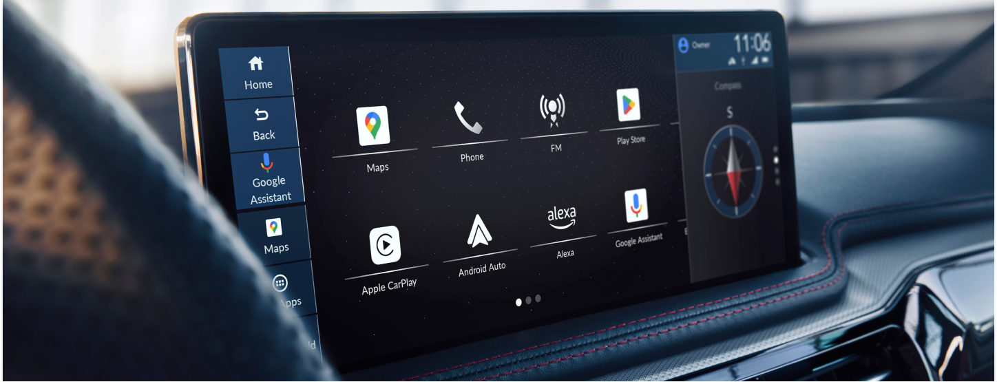 Closeup of touchscreen on MDX dashboard on its home screen.