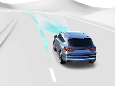 Digital rendering, where everything is white except for the MDX. Rear view of grey MDX taking a turn on a road. Blue sensor lines emit from the front, detecting the dashed lane line.