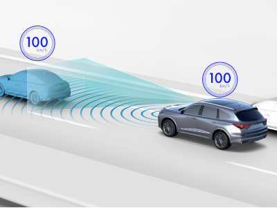 Digital rendering, where everything is white except for the MDX. 3/4 side rear view of grey MDX driving on road. Blue sensor lines and waves emitting from the front of the MDX detect the car in front.