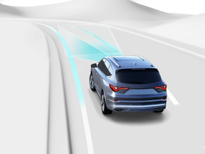 Digital rendering, where everything is white except for the MDX. Rear view of grey MDX taking a turn on a road. Blue sensor lines emit from the front, detecting the solid line on the edge of the road.