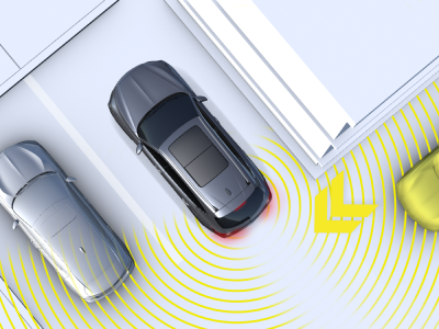 Digital rendering, where everything is white except for the MDX. Bird’s eye view of grey MDX reversing out of a parking spot. Yellow sensor lines emitting from the back detect a car passing by.