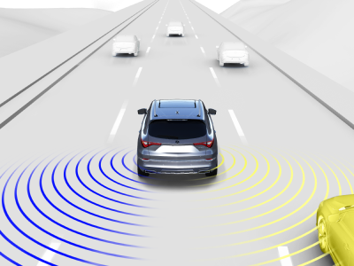 Digital rendering, where everything is white except for the MDX. Wide rear view of grey MDX driving on road. Blue and yellow sensor lines detect the cars around it.