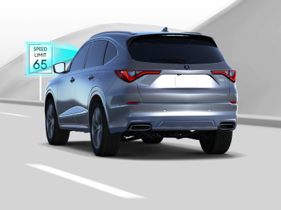 Digital rendering, where everything is white except for the MDX. 3/4 rear view of grey MDX. Blue sensor waves emitting from the front detect a traffic speed limit sign.