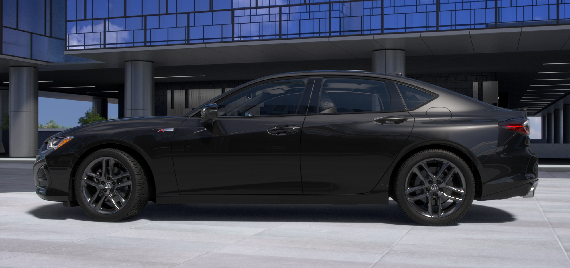Side driver-side view of 2025 black TLX parked on rooftop with modern glass buildings in the background that have billowing clouds reflected on they're mirrored windows.