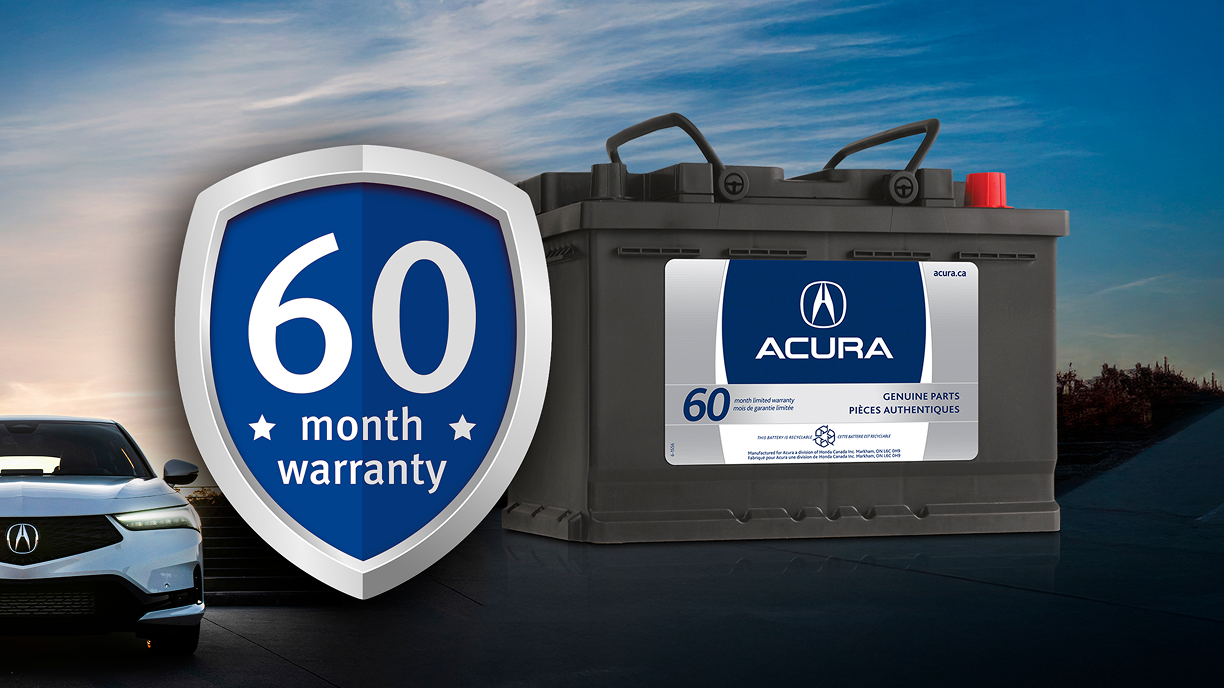 Acura battery beside a badge that reads 60-month warranty. 