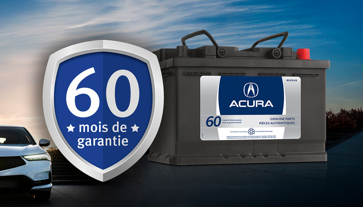 Une batterie Acura à côté d’un insigne indiquant une garantie de 60 mois.