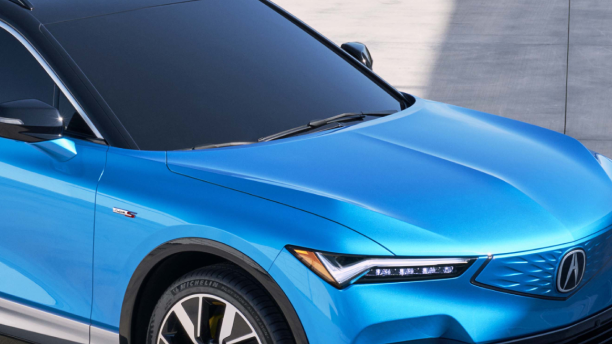 3/4 bird’s eye view of the front of a blue ZDX.