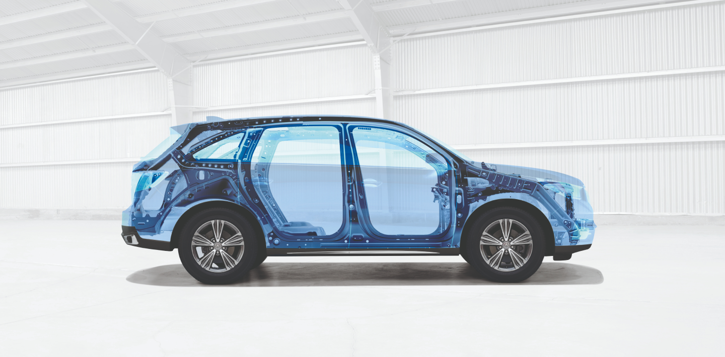 Le châssis d’un véhicule Acura bleu se dessine sur un fond blanc. 